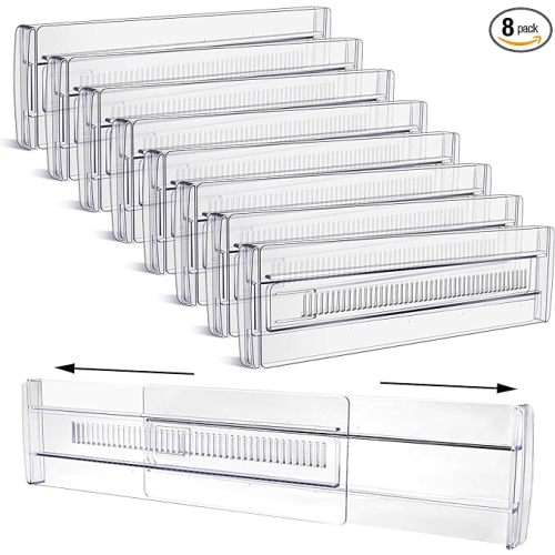 Drawer Dividers, 8 Pack Adjustable Drawer Organizers 3.2" High Expandable from 11.3-20" Clear Expandable Dresser Organizer for Clothes Kitchen Utensils Cutlery Drawer Organizers Set