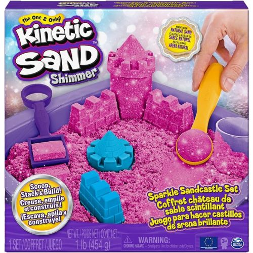 Kinetic Sand | Shimmer Sand Castle | Kinetic Sand 454g | Magic Sand | Pink Glitter Coloured Sand | 3 Accessories and Tray Included | Toys for Boys and Girls 3 Years