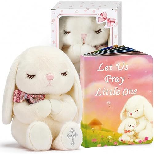 Baptism Gifts for Girls, Christening Gifts for Girls and Baby Dedication Gift Set for Newborn Baby, Includes 7-Inch Praying Bunny Stuffed Animal, Let Us Pray Baby Book and Keepsake Gift Box