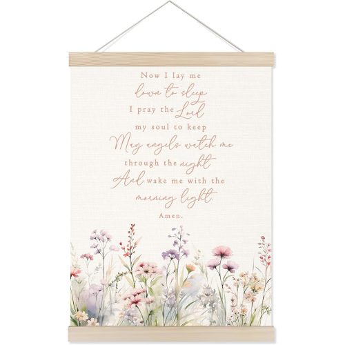 Welshower Christian Prayer Floral Poster Hanger Frame, Now I Lay Me Down to Sleep Bible Verse Religious Wall Art Prints Decor for Prayer Room Girls Bedroom Nursery, 12x16 Inch