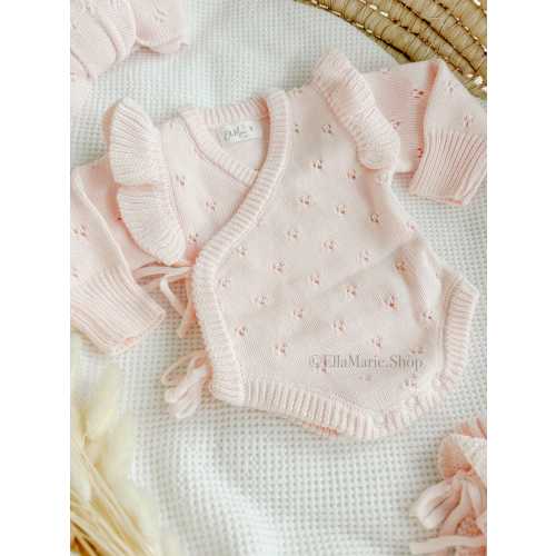 Newborn girl coming home outfit, knit baby girl ruffle romper, kimono bodysuit, baby announcement, infant gender reveal, baby shower gift