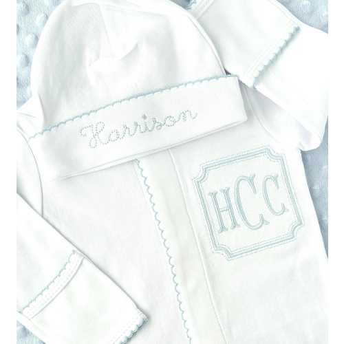 Personalized Newborn Sleeper Set Baby Shower Gift Outfit Pima Cotton Coming Home Neutral Gender Reveal Photo Prop Infant Clothing Monogram