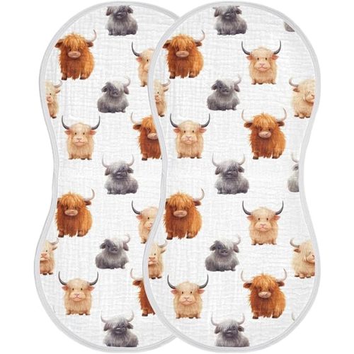 2Pcs Cute Highland Cow Pattern Burp Cloth,Unisex Large Absorbent Soft Cotton Muslin Burping Cloths for Newborn Boys Girls,11x22in,A110859