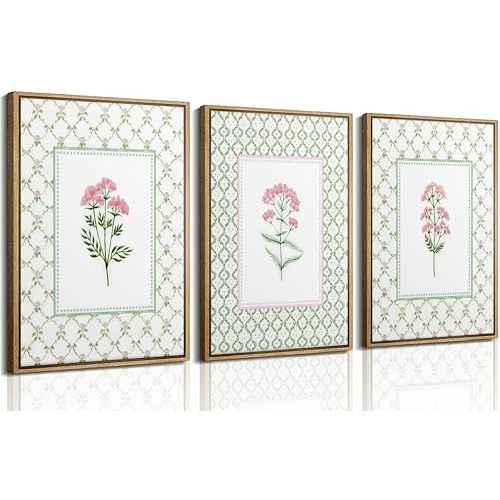 3Pcs Pink Green Floral Wall Art Wildflower Baby Room Painting Picture Wall Decor Pastel Botanical Poster Print Artwork for Bedroom Living Room Girls Bedroom Nursery Dining Room Home Decoration