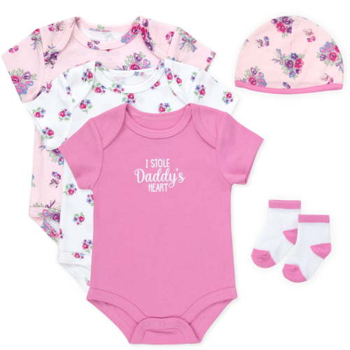 Baby Essentials Baby Girl 5 Piece Bodysuit Romper Set, Floral Baby Outfit Gift Set, (6 months,I Stole Daddy's Heart Pink Floral)