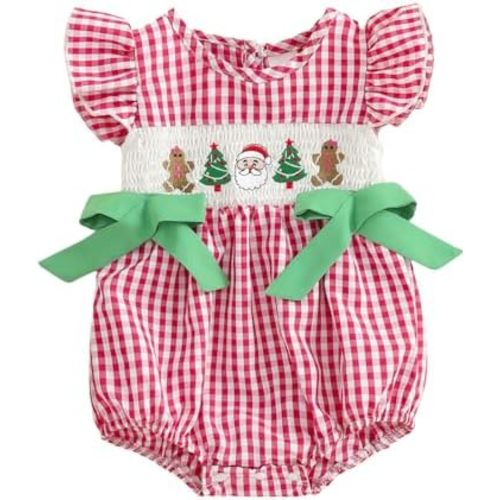 Newborn Infant Baby Girl Christmas Outfit Santa/Christmas Tree Embroidery Plaid Smocked Bubble Romper Ruffle Bodysuit