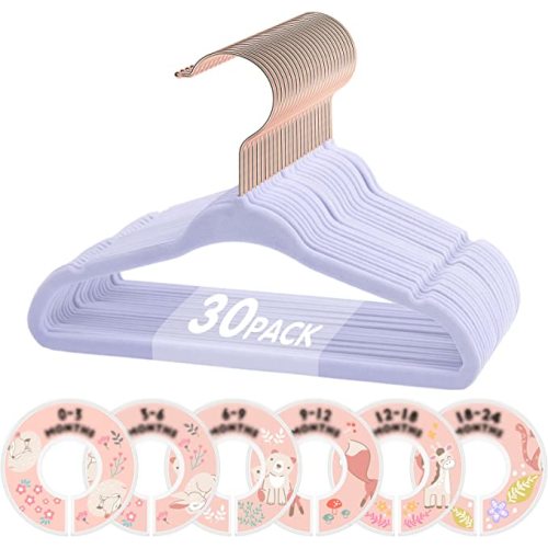 VIS'V Baby Hangers, 11 Inch Velvet Kids Hangers with 6 Pcs Clothes Size Dividers, Infant Toddler Nursery Closet Organization, Non Slip, Lavender, 30 Pcs