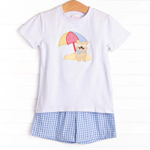 Corgi on the Coast Applique Short Set, Blue – Stitchy Fish