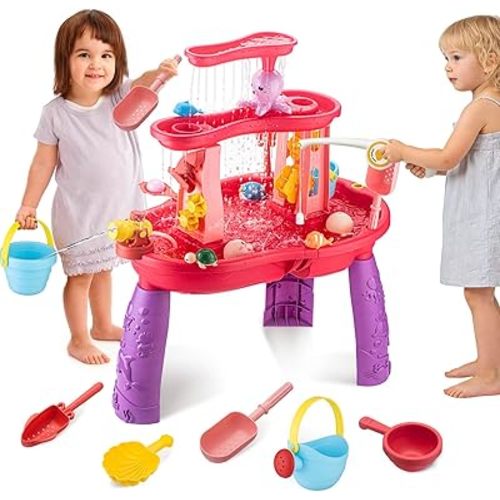 Water Table for Toddlers 3-5 Outdoor Toys for Kids Ages 4-8 3-Tier Kids Sand Water Table with Fishing Game Set Activity Sensory Table Summer Gift Beach Outside Toys for Toddler Girl