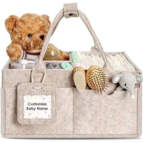 GEMII Diaper Caddy Organizer - Large Baby Caddy Organizer with Handle for Newborn Essentials Boy or Girl (Oatmeal, Large)
