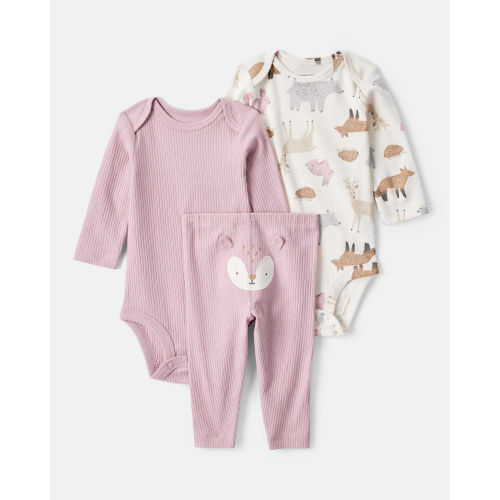Baby Girl 3-Piece Woodland Creatures Long-Sleeve Bodysuits & Pant Set - Pink/White