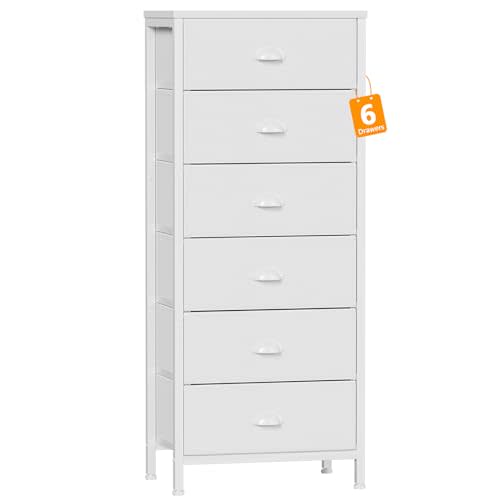 Furnulem White Tall Dresser for Bedroom,Vertical Storage Tower Unit and End Table with 6 Fabric Drawers, Nightstand Furniture with Drawer Organizer in Living Room,Closet,Entryway,Hallyway