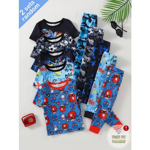 Randomly Sent 2 Sets Baby Boy Fashion Cool Classic Simple Handsome Cute Soft Skin-Friendly Knitted High Elastic Fabric Multi-Color Game Console Dinosaur Spider Hero Football Graffiti Spray Paint Cool Cartoon Pattern Print Round Neck Short Sleeve Top With 
