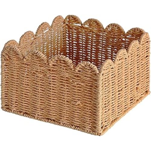 Scalloped Edge Basket, Wicker Storage Baskets, Hand Woven Baskets for Shelves,Natural Baskets for Organizing (S-9.5" L x 9.5" W x 5.5" H)