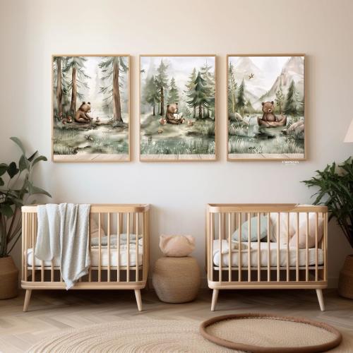 Bear theme nursery wall art gallery, nursery wall art boy outdoorsy, woodland animals, Nursery Wall Gallery Adventure, kids wall art decor