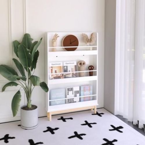 LIVAREEmlen Wall-Mounted Bookshelf with 3 Front-Facing Display Shelves and Natural Wood Base for Toddler Bedroom, Nursery or Playroom