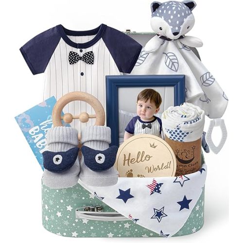 Golray Baby Boy Gifts for Baby Shower, 10pcs Newborn Essential with Fox Lovey/Blanket/Onesie/Wooden Rattle/Socks/Bib/Suitcase, Welcome Baby Gift Box Gender Reveal Infant Boy Gift Basket Set 0-6 Month