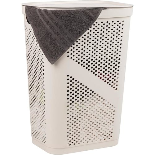 Mind Reader Slim Laundry Hamper with Lid, 60L Clothes Basket, Ventilated Plastic, Ivory