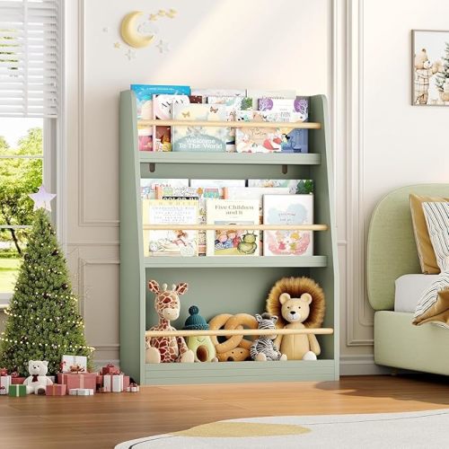 LULUBEAR Kids Bookshelf, 3-Tier Montessori Book Shelf Organizer for Books and Toys, Toddler Bookshelf for Bedroom, Living Room, Playroom, Classroom, Nursery, School - Green
