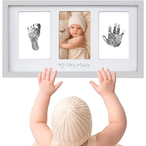 Felt Like Sharing My Tiny Prints Baby Handprint & Footprint Kit – Gray Photo Keepsake Frame with Ink Pad for Newborn Hand and Foot Prints – Sentimental Holiday Decor for Keep Memories (17” L x 9.5” H)