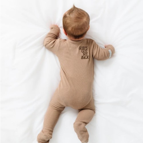 Gods Got My Back Beige PJ Footed Onesie Ribbed Cotton-Bamboo Blend