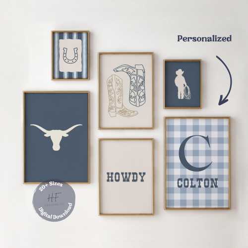 Cowboy Gingham Nursery Gallery Wall Art, Boys Blue Nursery Decor, Western Room Decor, Rustic Nursery, Rodeo Baby Set of 6 Wall Art Prints