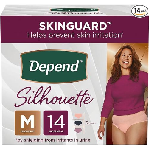 Depend Silhouette Adult Incontinence and Postpartum Underwear for Women, Medium, Maximum Absorbency, Black, Pink and Berry, 14 Count