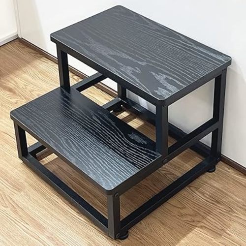 Step Stool, Bedside Steps for High Beds with Round Corners, 2 Steps Footstool for Adults, Metal and Wood Stepping Stool for Kitchen Bedroom, Load 500 LB, Black