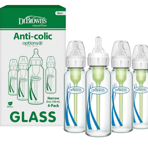 Dr. Brown's Anti-Colic Options+ Narrow Glass Baby Bottle with Level 1 Slow Flow Nipple, BPA-Free, 8 oz/250 mL, 4-Pack