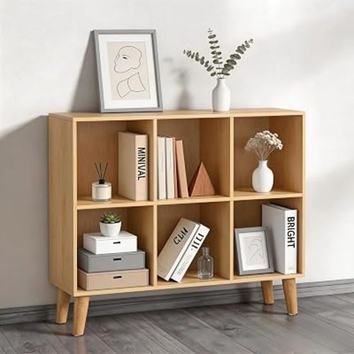 6 Wooden Cube Storage Organizer with Legs,Two Tier Horizontal Cube Bookcase Freestanding Storage Organizer Open Shelf Short Bookshelf for Bedroom, Living Room, Home Office (6 Cube,Oak)