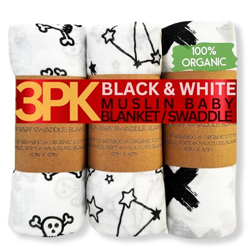 Iron Lily Muslin Swaddle Blankets for Baby Boys & Girls -70% Rayon derived from Bamboo 30% Cotton Black & White Muslin Blanket Baby Receiving Muslim Infant Wrap Swaddles Skull, Stars, Plus/X Signs,3pk