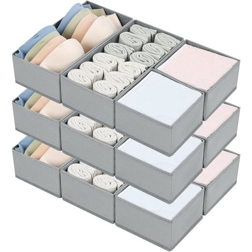 DIMJ Drawer Organizers for Clothing, Set of 12 Dresser Drawer Organizers, Fabric Closet Organizers and Storage, Drawer Dividers for Baby Clothes, Socks, Belt, Tie (Grey)