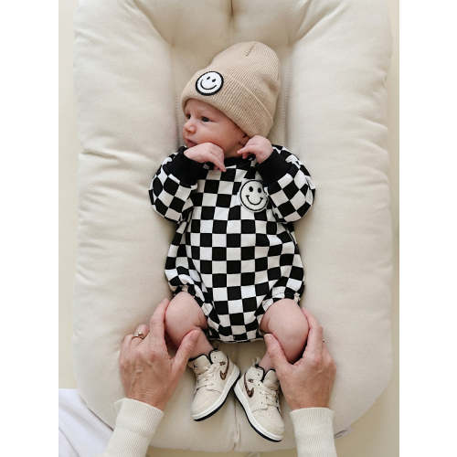 Bubble Romper | Checkered Smiley Black – Witching Hour Baby