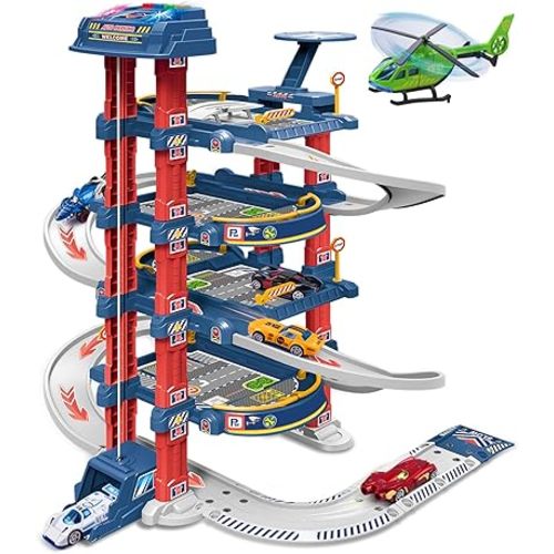 City Ultimate Garage Track Set with Electric Elevator, Upgrade 5 Levels Toy Car Garage with 5 Die-Cast Toy Cars & 1 Helicopter