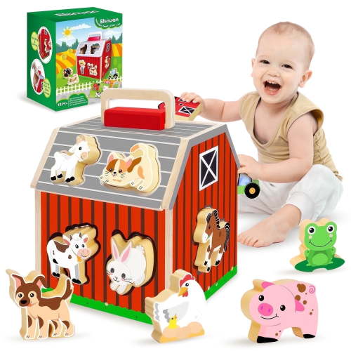 UUSUOO Montessori Toys for 1 Year Old,Farm Animals Big Barn Toys,Wooden Barn Play Set with Animal Figures and DIY Stickers, Learning Educational Toys,Christmas Birthday Gifts for Toddlers 1-3