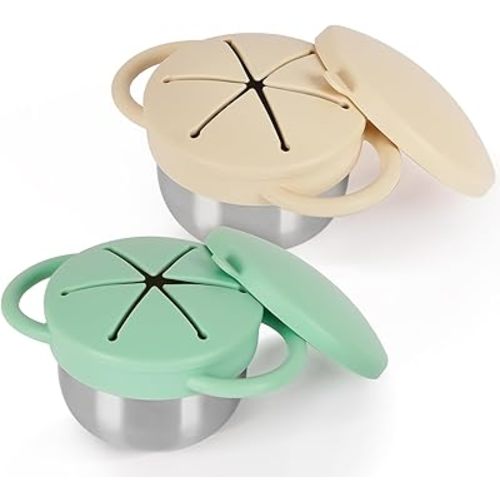 2 Pack 304 Stainless Steel Snack Cups for Toddlers, Toddler Snack Containers with Spill-Proof Silicone Travel Lid & Handle, Dishwasher Safe, Removable Snack Cup for Baby, Toddler, Kids