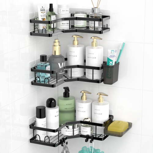TINANA Corner Shower Caddy, 3 Pack Adhesive Shower Corner Organizer Shelves, Stainless Steel Shower Storage Rack with Hooks, Toothpaste & Soap Holder, No Drilling for Bathroom, Dorm and Kitchen-Black
