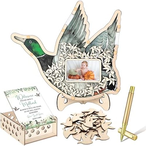 Wenqik 63 Pcs Mallard Duck Baby Shower Guest Book Alternatives Set Baby Shower Decorations with Photo Frame Sonogram Frame Keepsake 60 Wood Slices Guest Book for Birthday