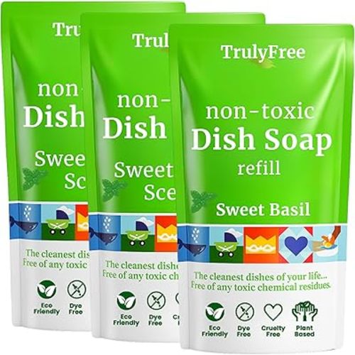 Truly Free Non Toxic Dish Soap | Natural Concentrated Dishwashing Liquid - Sweet Basil Scent | Non Toxic Organic Plant-Based Dish Soap | Family Safe - Eco-Friendly Formula | 16 fl oz