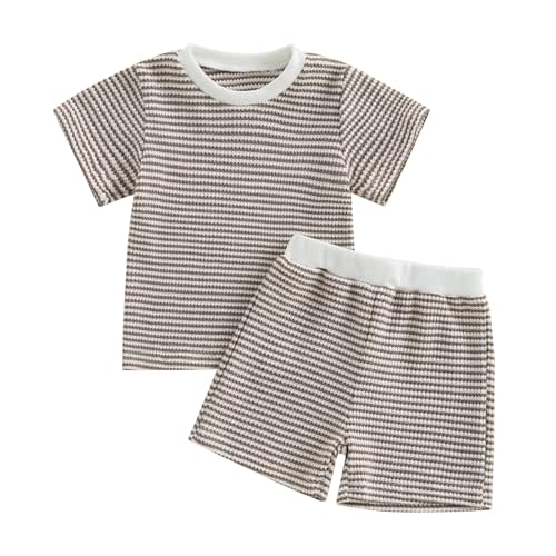 VISGOGO Baby Boy Girls Toddler Summer Outfit Striped T-shirt Toddler Boy Summer Clothes 6 12 18 Months 2 3 4 5 T Short Set