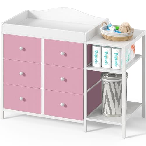 BOLUO Baby Dresser with Changing Table Top, Changing Table Dresser with 6 Fabric Drawers Diaper Changing Station with Storage Shelf for Nursery Modern
