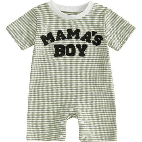 Newborn Baby Boy Summer Outfit Romper Letter Embroidery Short Sleeve Jumpsuit Bodysuit Cute Infant Waffle Clothes