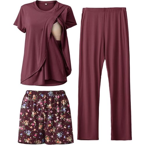 Rnxrbb 3 Piece Postpartum Nursing Pajamas Set Casual Soft Maternity Breastfeeding Pjs Sleepwear Loungewear Clothes Layer