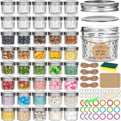 4 oz Glass Mason Jars with Airtight Silver Lids and Bands, 40-Pack with Stickers, Tags & Twines, Mini Canning Jars for Jams, Honey, Spices, Dried Snacks, DIY Crafts, Wedding Favors