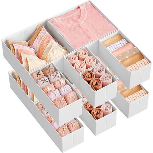 SONGMICS Drawer Organizer,Dresser Drawer Organizers, Set of 12, Foldable Fabric Storage Bins for Socks, Underwear, Bras, Ties, Scarves, Cloud White URDZ006W02