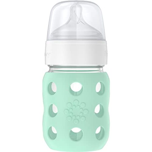Lifefactory 8-Ounce Wide Neck Glass Baby Bottle with Protective Silicone Sleeve and Stage 2 Nipple, Mint (LG2211WMI4)