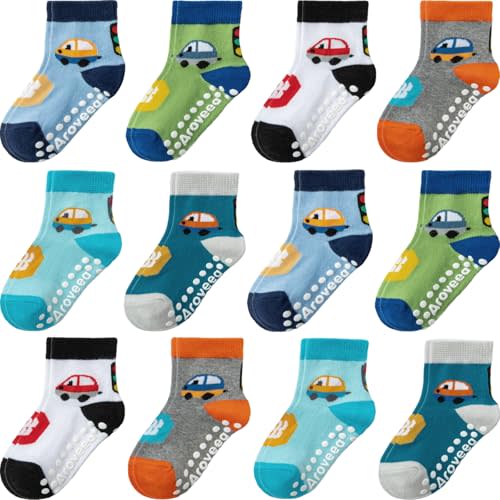 Aroveea Non Slip Grip Ankle Baby Socks 12 Pack for Toddler Boys and Girls Kids,Infant Cute Cotton Baby Socks