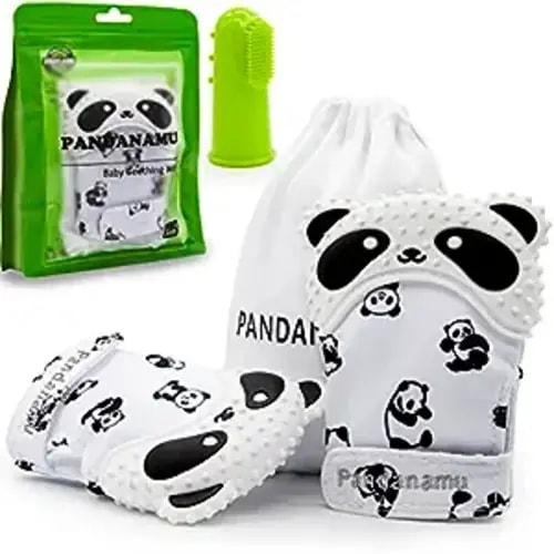 Baby Teething Mitten Panda Teether Mitten with Baby Toothbrush & Massager Teething Glove Mitt Infant Toy(2 Mittens with Toothbrush)