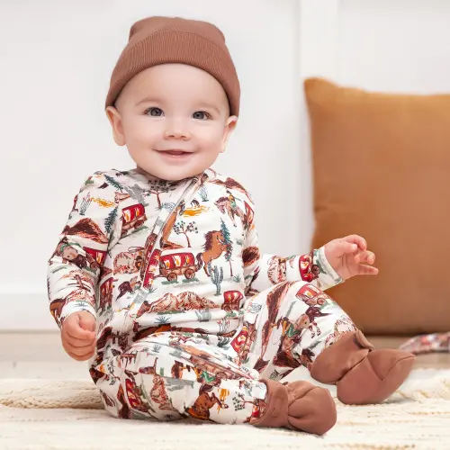 Western Baby Zipper Romper – Bamboo Blend Footed Onesie with Cowboy Print, Soft Eco-Friendly Infant Outfit for Boys & Girls