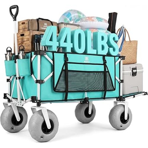 260L Beach Wagon with Extended Tailgate, 440lbs Heavy Duty Beach Cart with 9” Big Balloon Wheels for Sand, Collapsible Folding Wagon with Side Pocket for Outdoor, Light Blue